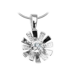 Staviori wisiorek. 1 diament, szlif brylantowy, masa 0,03 ct., barwa h, czystość i1. białe złoto 0,585. średnica korony ok. 10 mm. grubość 5 mm.   