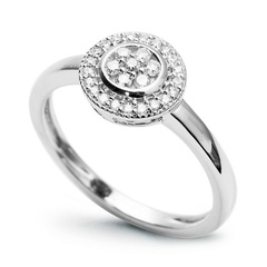 Staviori pierścionek. 28 diamentów, szlif brylantowy, masa 0,15 ct., barwa h, czystość si2. białe złoto 0,585. średnica korony ok. 12 mm.   