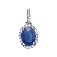 Staviori wisiorek. 24 diamenty, szlif brylantowy, masa 0,12 ct., barwa h, czystość si2. 1 szafir, masa 0,95 ct.. białe złoto 0,585. wymiary 10x8 mm. długość 15 mm.   