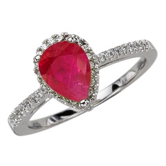 Staviori pierścionek. 35 diamentów, szlif brylantowy, masa 0,19 ct., barwa h, czystość si2. 1 rubin, masa 1,50 ct.. białe złoto 0,585. średnica korony ok. 10x8 mm.