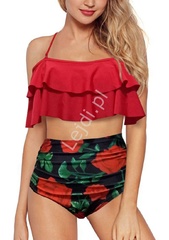 Bikini z falbanami z wysokim stanem - vintage, dwukolorowe czerwono czarne w róże