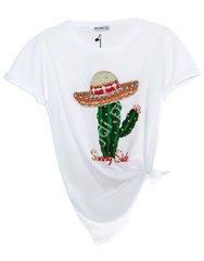 Biała koszulka damska z kaktusem zdobionym kryształkami