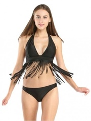 Frędzle czarne pareo bikini strój kąpielowy