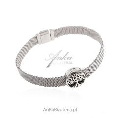 Bransoletka srebrna modułowa mesh do zawieszek charms - z drzewkiem szczęścia