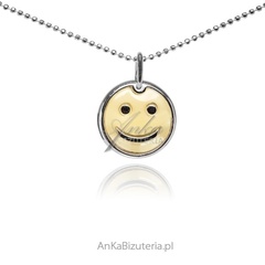 Zawieszka srebrna z żółtym  bursztynem  emotka - uśmiech