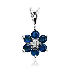 Staviori wisiorek. 1 diament, szlif brylantowy, masa 0,005 ct., barwa h, czystość i1. 6 szafirów, masa 0,41 ct.. białe złoto 0,585. średnica 8 mm. długość 14 mm.   