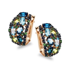 Staviori kolczyki z żółtego złota pr. 0,585 z kamieniami naturalnymi i szlachetnymi diamentami: szafir, perodyt, topaz, garnet