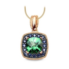 Staviori wisiorek. 1 topaz zielony, masa 1,65 ct.. 16 szafirów, masa 0,28 ct.. żółte złoto 0,585. wysokość 18 mm.   