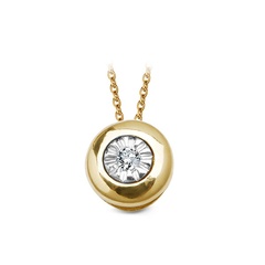 Staviori wisiorek. 1 diament, szlif brylantowy, masa 0,01 ct., barwa h, czystość i1. żółte, białe złoto 0,585. średnica 5 mm. grubość 4 mm. średnica ogniwa 2 mm.   łańcuszek widoczny na zdjęciach to model lbx5280      
