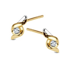 Staviori kolczyki. 2 diamenty, kolor czarny, szlif brylantowy, masa 0,08 ct., barwa h, czystość i1-i2. żółte złoto 0,585. wymiary 8x4 mm.   