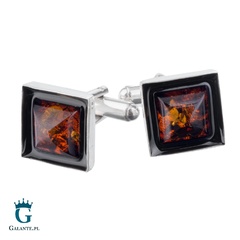 Srebrne spinki do mankietów węgiel i bursztyn smw-019