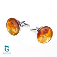 Srebrne, okrągłe spinki do mankietów z bursztynem smb-007