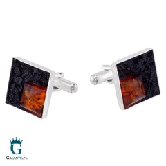 Srebrne spinki do mankietów bursztyn i bryłki węgla smw-024