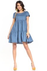 Bawełniana mini sukienka z owalnym dekoltem - niebieska
