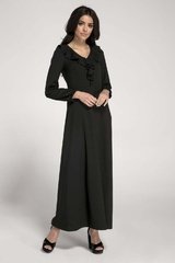 Długa czarna sukienka z falbankami przy dekolcie
