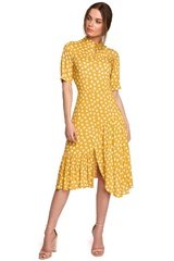 Sukienka w grochy z asymetryczną falbanką - żółta