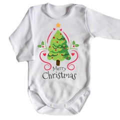 merry christmas z choinką boże narodzenie body długi rękaw biały 