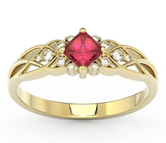 Pierścionek z żółtego złota z topazem swarovski red i diamentami bp-86z