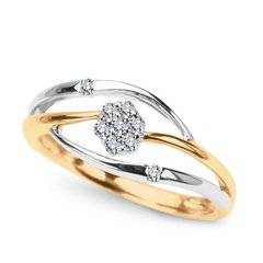 Staviori pierścionek. 9 diamentów, szlif brylantowy, masa 0,10 ct., barwa h, czystość si1-si2. żółte, białe złoto 0,585. szerokość 6,5 mm. wysokość 3,4 mm.   