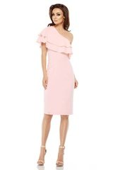Różowa dopasowana sukienka z falbanką na jedno ramię