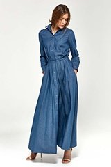 Jeansowa koszulowa sukienka maxi z długim rękawem