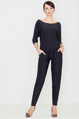 Czarny dzianinowy kombinezon z rękawem 3/4 z troczkami w talii