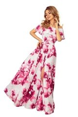 Różowa kwiecista  sukienka z hiszpańskim dekoltem